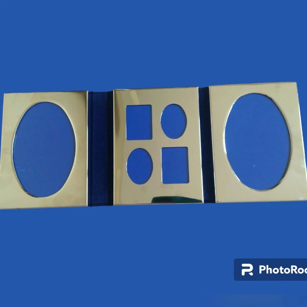 Trifold Silver Tone Picture Frame Blue Plush Wedding‎ Office Family Photo Desk